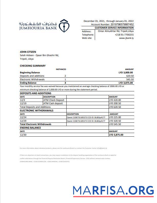Realistic Libya Jumhouria bank statement excel example